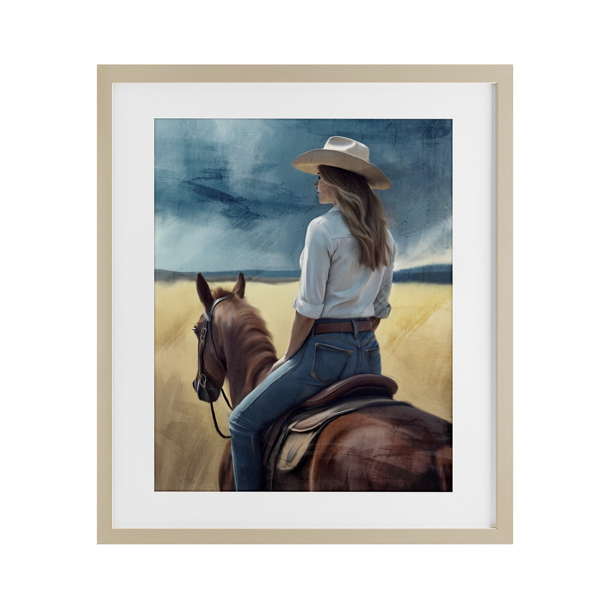 Countryside Cowgirl View Birch Framed Print Under Glass, design by Kim Allen