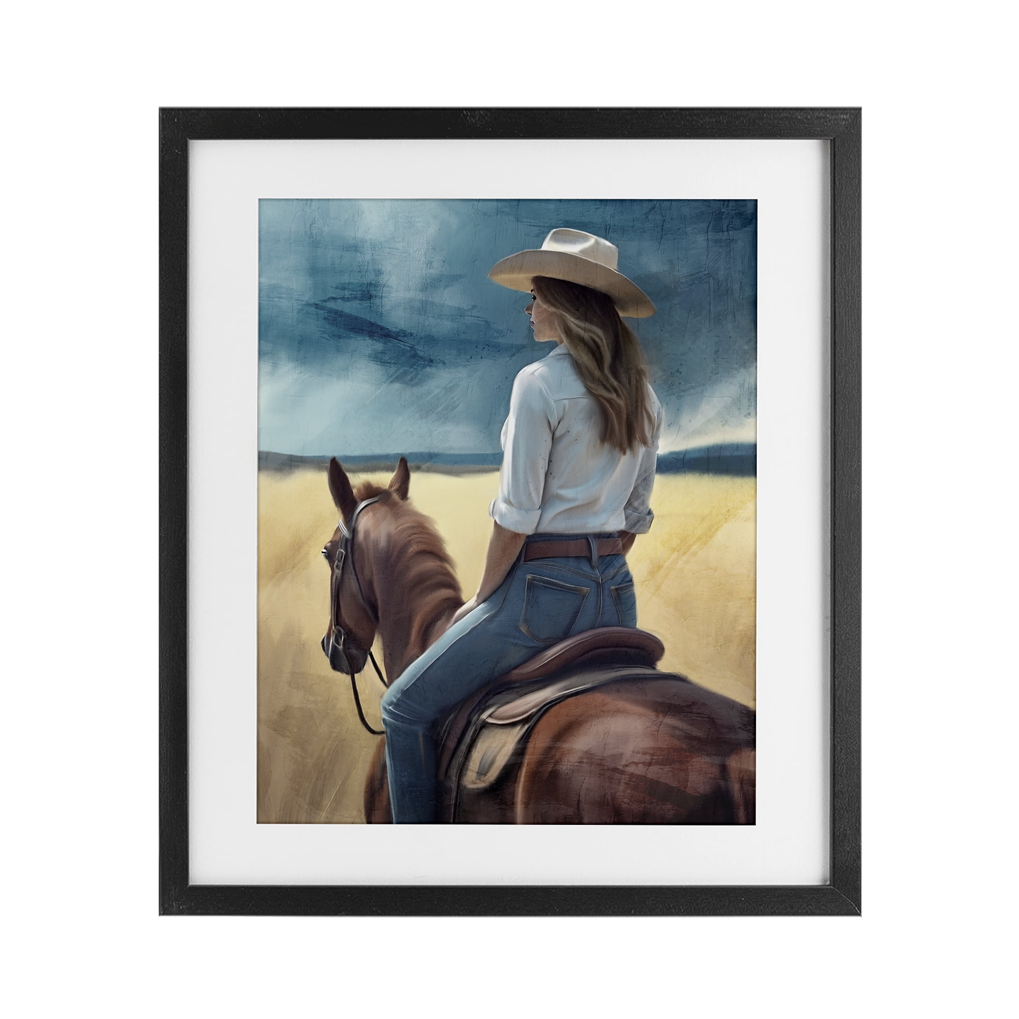 Countryside Cowgirl View Black Framed Print Under Glass, design by Kim Allen