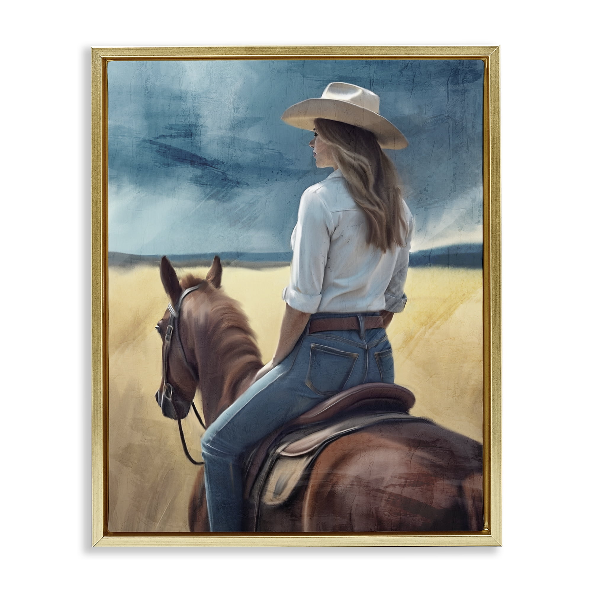 Countryside Cowgirl View Gold Framed Floater Canvas Wall Art, design by Kim Allen