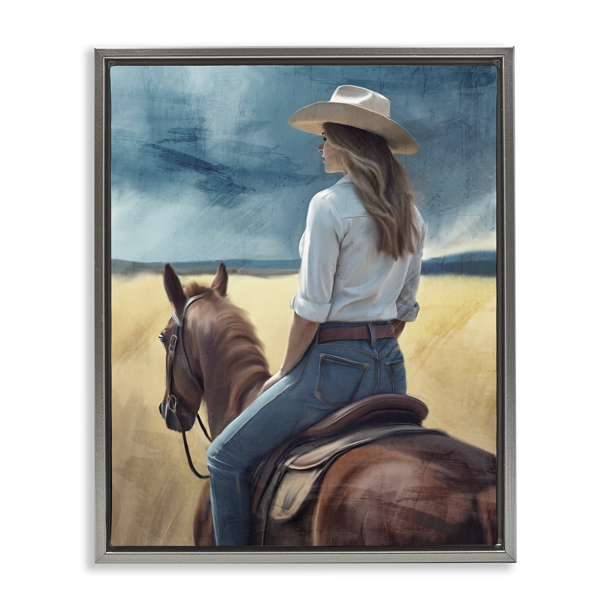 Countryside Cowgirl View Gray Framed Floater Canvas Wall Art, design by Kim Allen