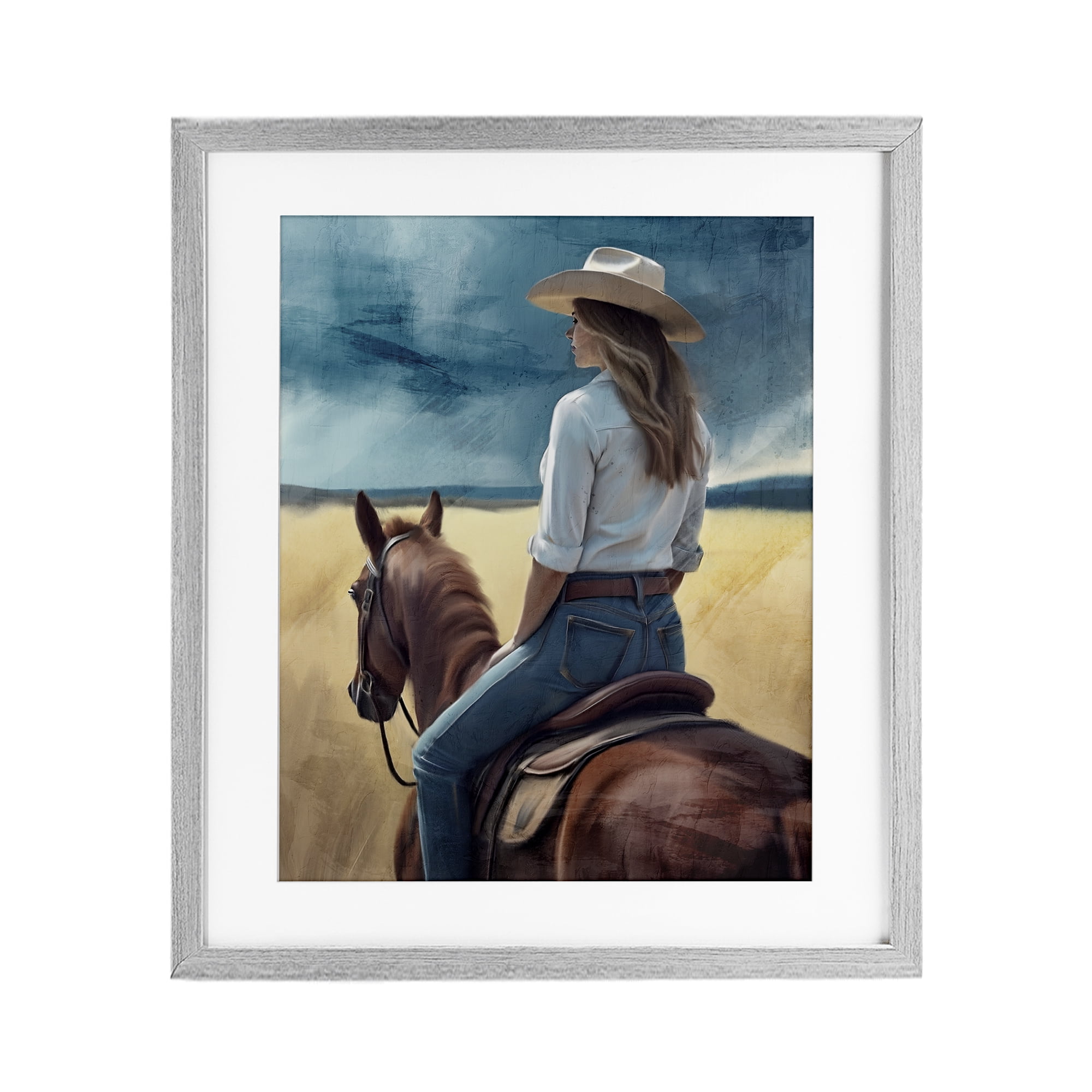 Countryside Cowgirl View Gray Framed Print Under Glass, design by Kim Allen