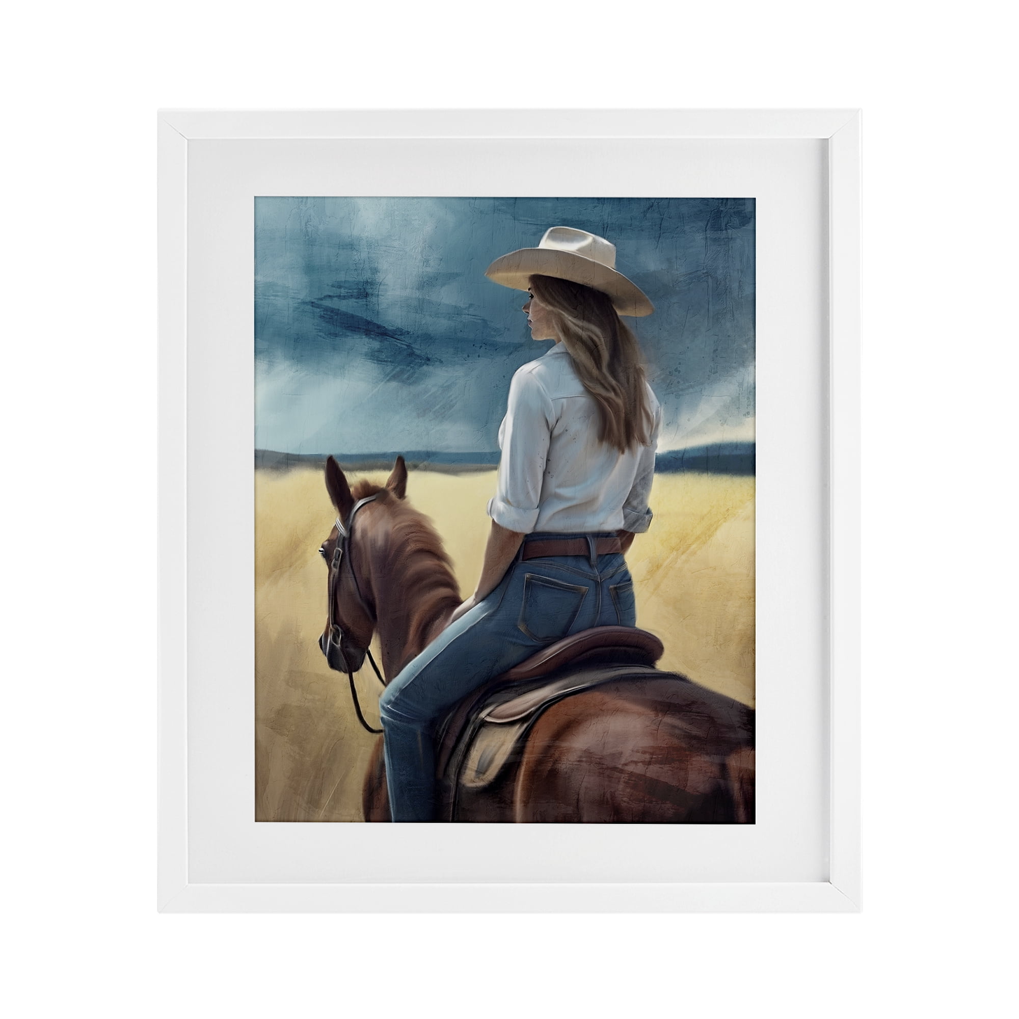 Countryside Cowgirl View White Framed Print Under Glass, design by Kim Allen