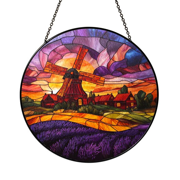 Countryside Dutch windmill floral panel, stained glass-style sun catcher for mom