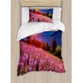 thumbnail image 1 of Countryside Duvet Cover Set, Idyllic Spring Meadow on the Mountains with Flowers Rural Sunrise Landscape, Decorative 2 Piece Bedding Set with 1 Pillow Shams, Twin Size, Pink Blue, by Ambesonne, 1 of 3