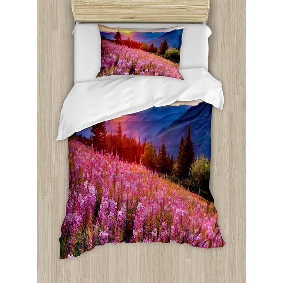 Countryside Duvet Cover Set, Idyllic Spring Meadow on the Mountains with Flowers Rural Sunrise Landscape, Decorative 2 Piece Bedding Set with 1 Pillow Shams, Twin Size, Pink Blue, by Ambesonne