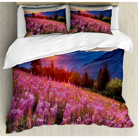 Countryside Duvet Cover Set, Idyllic Spring Meadow on the Mountains with Flowers Rural Sunrise Landscape, Decorative 3 Piece Bedding Set with 2 Pillow Shams, King Size, Pink Blue, by Ambesonne