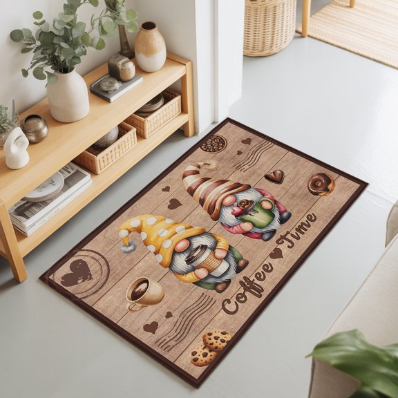 Countryside Dwarfs on Retro Wood Rectangle Area Rug 2x3ft,Living Room Rug Non-Slip Washable Circle Rugs Pad,Coffee Time Words Soft Floor Carpet for Bedroom Dining Room