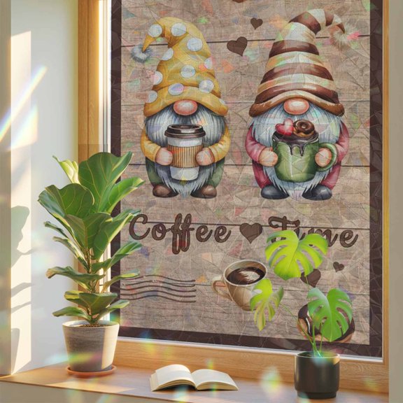 Countryside Dwarfs on Retro Wood Window Privacy Film, Rainbow Film Decorative Window Sticker 17.7x39.3in, Coffee Time Words Sun Blocking Static Stained Glass Cling Tint Non-Adhesive