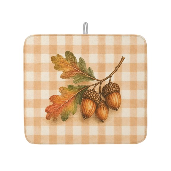 Countryside Fall Acorn Leaves Dish Drying Mats for Kitchen Counter,Absorbent Microfiber Dish Drainer Rack Mat Farm Beige Buffalo Check Drying Pad for Sinks,Utensils,Countertops,16x18in