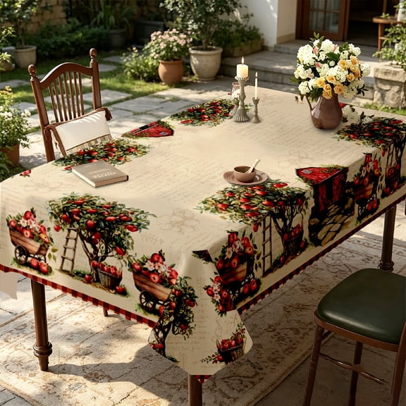 Countryside Fall Apple Harvest Carriage Print Tablecloth, Rustic Farmhouse Dining Party Table Cover, Holiday Housewarming Thanksgiving Christmas Gift