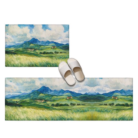 Countryside Farm 2 Pieces Non-Slip Kitchen Mat Set, Rustic Rolling Green Blue Hills Field Landscape Soft Door Mat with Rubber Backing, Dirtproof Rugs for Entrance Doorway, 23.6x35.4in+23.6x70.9in