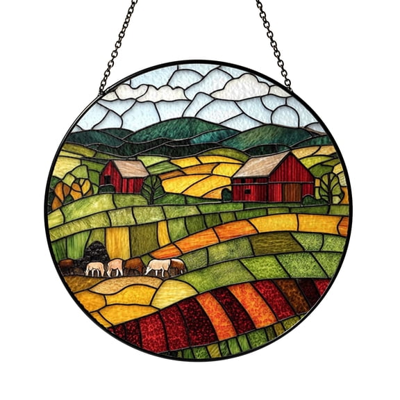Countryside Farm Stained Glass Style Suncatcher Window Hanging, Red Barn and Grazing Sheep Glass Panel, Rural Landscape Window Art, Pastoral Farm Sun Catcher Ornament for Home Window