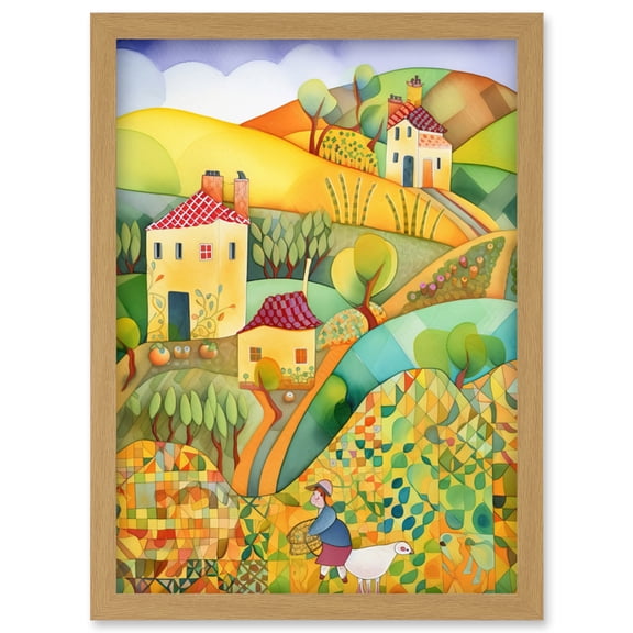 Countryside Farming Folk Art Watercolour Painting Artwork Framed Wall Art Print A4