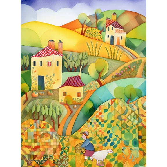 Countryside Farming Folk Art Watercolour Painting Extra Large XL Wall Art Poster Print