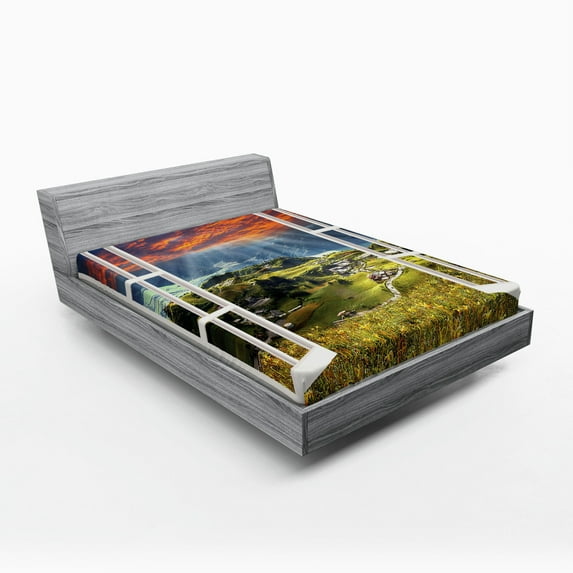 Ambesonne Countryside Fitted Sheet, Rural Village Scene, Full Size, Olive Green and Multicolor