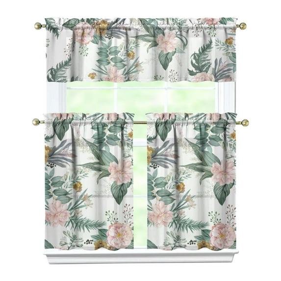 Countryside Floral Curtains 36 Inch - 3 Panel Rustic Farmhouse Set with Vintage Botanical Print, Boho Chic Rod Pocket Design for Kitchen Windows