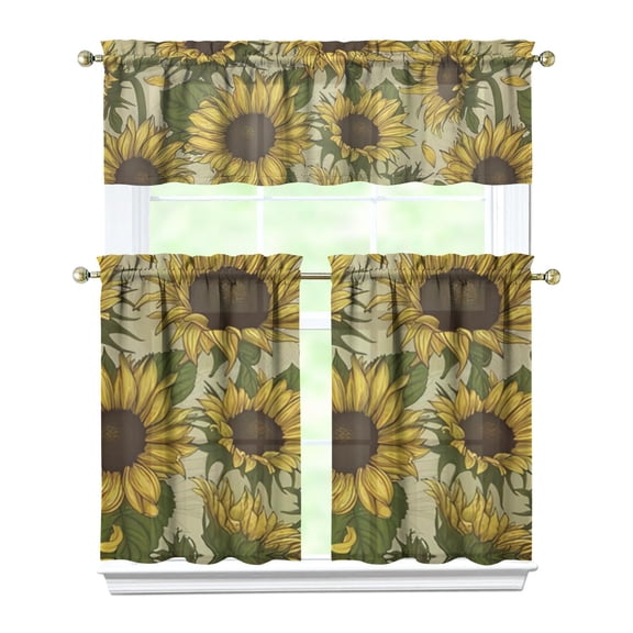 Countryside Floral Curtains 36 Inch - 3 Panel Rustic Farmhouse Set with Vintage Botanical Print, Boho Chic Rod Pocket Design for Kitchen Windows