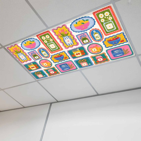 Countryside Flower 1 Pc Fluorescent Light Cover 4 x 2 Feet, Tulip Vase Jam Jar Canned Tomato Sardines Tin Covers for Ceiling Lights Magnetic Light Cloth Filter for Classroom Office Home