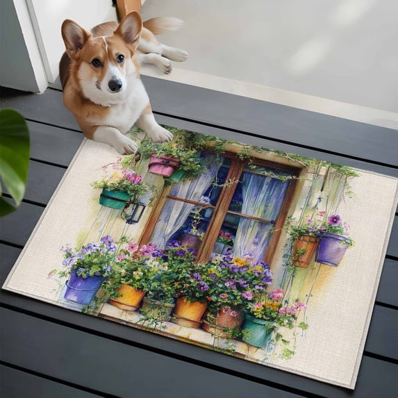 Countryside Front Door Rugs 2x3 ft Watercolor Window View Potted Plants Pastoral Small Rug for Entryway Non Slip Washable Bathroom Door Mat Absorbent Floor Mat for Indoor Entrance