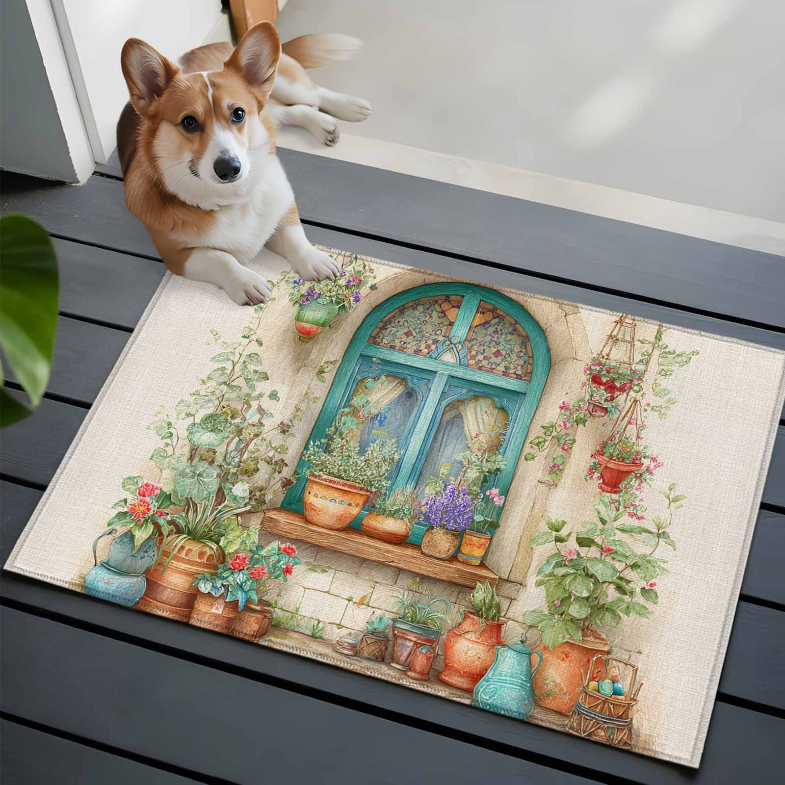Countryside Front Door Rugs 2x3 ft Window View Potted Plants Watercolor ...