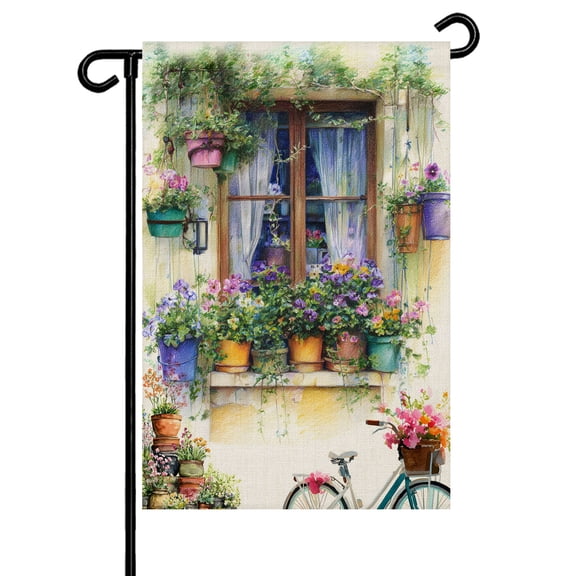 Countryside Garden Flag 12x18 Inch Watercolor Window View Potted Plants Pastoral Double Sided Small Decorative Garden Flags for Outside, Outdoor Yard Porch Lawn Decoration