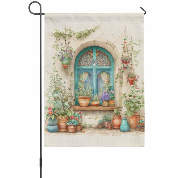 Countryside Garden Flags For Outdoor, Window View Potted Plants Watercolor Illustration Small Double Side Yard Flags Weather Proof Garden Decor for Lawn Outside Holiday 12 x 18 Inches