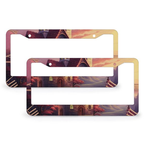 Countryside House License Plate Cover 2 PCS Rustic Barn Farmhouse Countryside Customized Decor Car Tag for US Standard Vehicles for Women Men 2 Round Holes Quality Aluminum Metal License Plate Frames