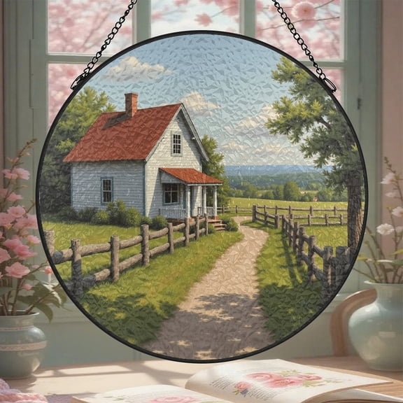 Countryside House Stained Glass Window Hanging 8 Inch Suncatcher Glass Panel with Chain Round Sun Catchers Indoor Wall Art Home Decor Gift for Lovers Couples Women Mother's Day