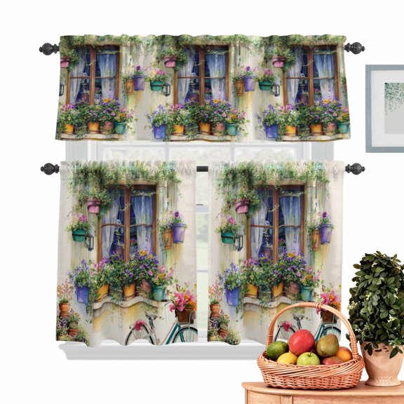 Countryside Kitchen Curtains Valances 3 Piece Set, Watercolor Window View Potted Plants Pastoral Rod Pocket Tier Curtain and Valance Drapes for Small Window 24 Inch Length for Bedroom Cafe