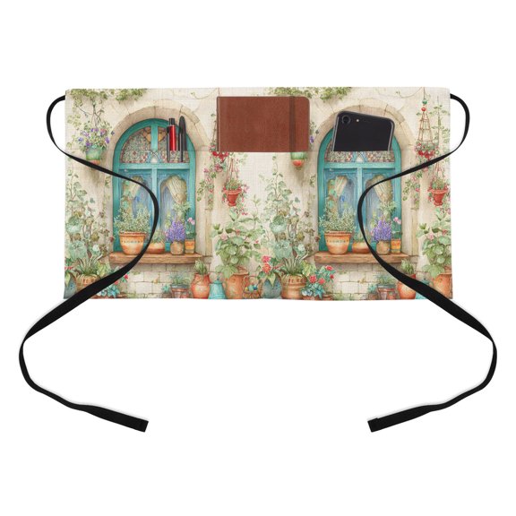 Countryside Kitchen Restaurant Half Waist Apron, Window View Potted Plants Watercolor Illustration Server Short Apron with 3 Pockets Waterproof Oil Waist Aprons for Women Waitress Waiter