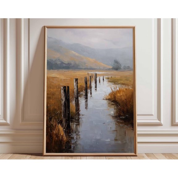 Countryside Landscape Rustic Field Autumn Fence Farm Nature Moody Rural Wall Art Print, Unframed Paper Poster 8x10in