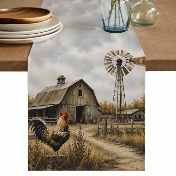 Countryside Landscape Table Runner 36 Inches Long, Kitchen Dining Table Decoration, Rooster Rustic Wooden Barn Windmill Coffee Tablerunner Dress Scarves Farmhouse Décor for Party, Holiday, 13 x 36