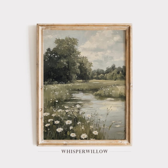 Countryside Meadow River,, Rustic Farmhouse Landscape, Neutral Scenery, Wildflower Country Wall Decor Unframed Paper Print