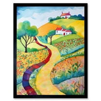 Countryside Path In Spring Folk Art Landscape Watercolour Painting Art Print Framed Poster Wall Decor 12x16 inch