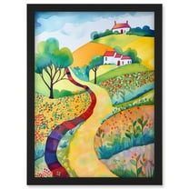 Countryside Path In Spring Folk Art Landscape Watercolour Painting Artwork Framed Wall Art Print A4