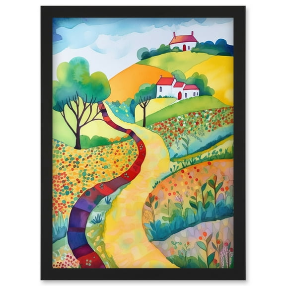 Countryside Path In Spring Folk Art Landscape Watercolour Painting Artwork Framed Wall Art Print A4