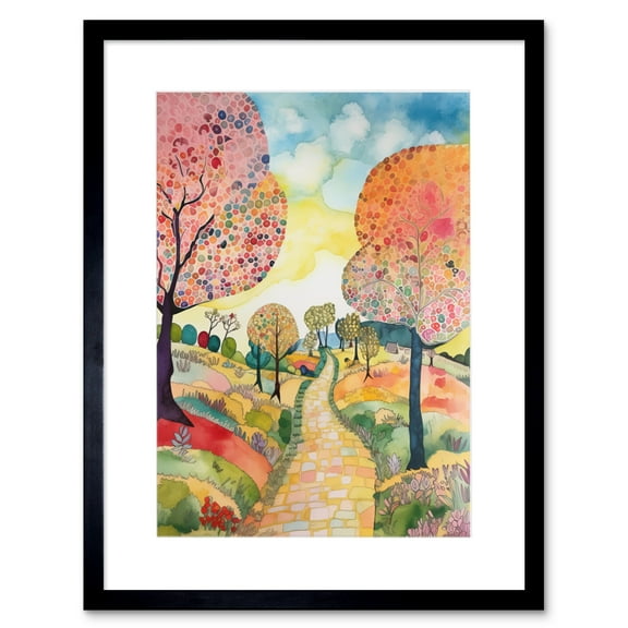 Countryside Path With Blooming Flowers And Trees Folk Art Landscape Watercolour Painting Artwork Framed Print Wall Art 9X7 Inch