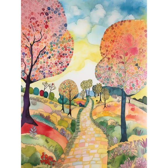 Countryside Path with Blooming Flowers and Trees Folk Art Landscape Watercolour Painting Extra Large XL Wall Art Poster Print