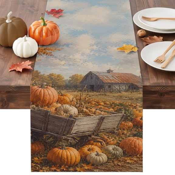 Countryside Pumpkins Dining Table Runner, Thanksgiving Barn Wooden Cart Rustic Fall Washable Table Runners Kitchen Coffee Table Center Decor for Home Party Holiday Wedding 13 x 36 Inches