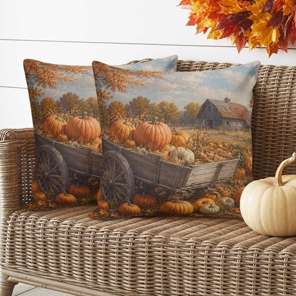 Countryside Pumpkins Outdoor Waterproof Throw Pillow Covers Set of 2, 26"x26", Thanksgiving Barn Wooden Cart Rustic Fall Decorative Pillow Covers Outside Cushion Case for Patio Porch Garden