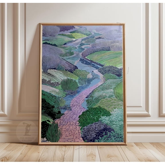 Countryside River Landscape Poster Green Valley Illustration Wall Art Scenic Nature Path P