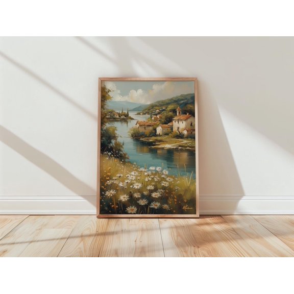 Countryside River Landscape Rustic Village Scene Daisy Flowers Graphic Poster Unframed Paper Print