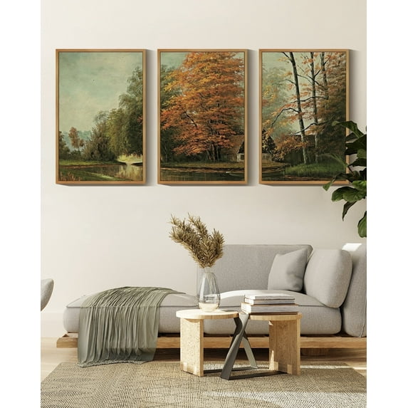 Countryside River Vintage Landscape Framed Wall Art 16x24in3pcs Large Retro Classic Farmhouse Paints Rustic Living Room Bedroom Natural Framed