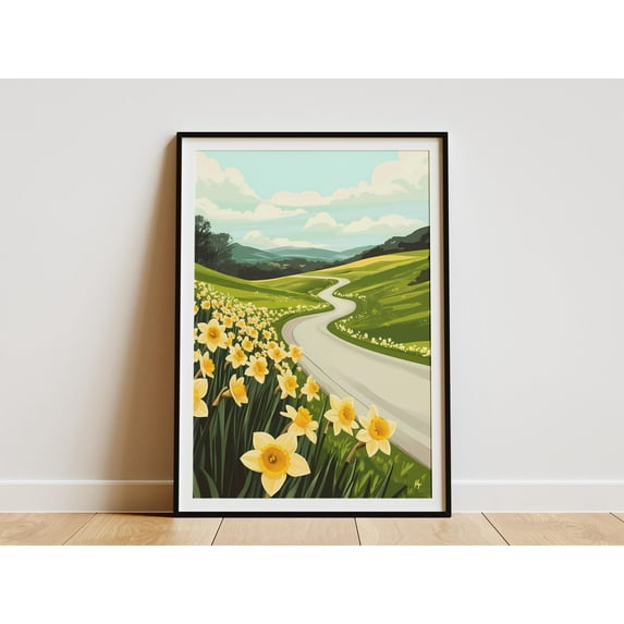 Countryside Road Daffodils Spring Flowers Yellow Floral Nature Art Print Botanical Illustration Poster Home Decor Farmhouse Decor Wall Art - Poster Unframed