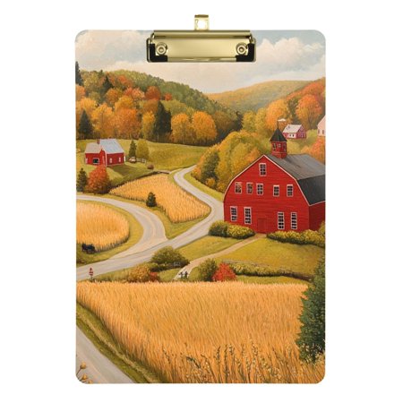 Countryside Scene Autumn Field Trees Cabins Acrylic Clipboard Drawing Board Clipboard with Hook A4 Size Gold 12.5" x 9"