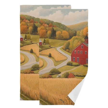Countryside Scene Autumn Field Trees Cabins Hand Towel Absorbent Bath Towels for Bathroom Sports Gym 28" x 14" Set of 2