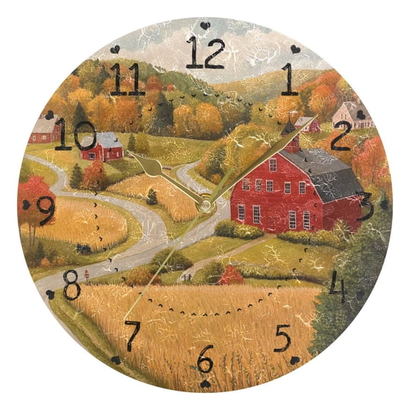 Countryside Scene Autumn Field Trees Cabins Round Wall Clock Silent Analog Battery Operated Gold Pointer Home Decor 9.84" Diameter