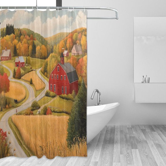 Countryside Scene Autumn Field Trees Cabins Shower Curtains with 12 Hooks Waterproof Bathroom Decor 66" x 72"