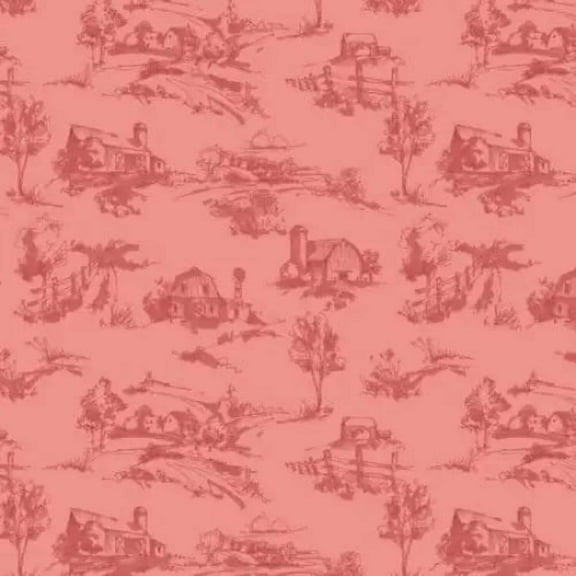 Countryside Scenery Coral Cotton Fabric (1 Yard)