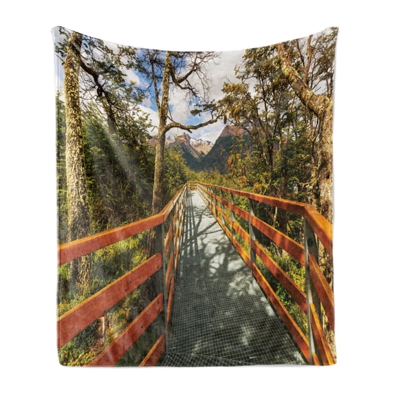 Countryside Soft Flannel Fleece Blanket, Wooden Boardwalk in Forest Wilderness Getaway Footpath Summertime Hike, Cozy Plush for Indoor and Outdoor Use, 50" x 60", Orange Green Brown, by Ambesonne